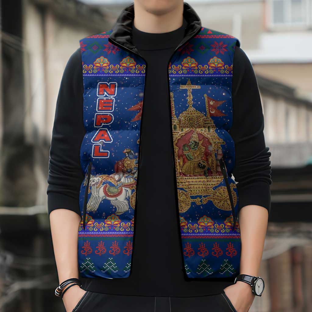 Nepal Christmas Sleeveless Puffer Jacket with Blue-Red Pattern, Hindu Chariot Scene, and Om Symbol Motif - Wonder Print Shop