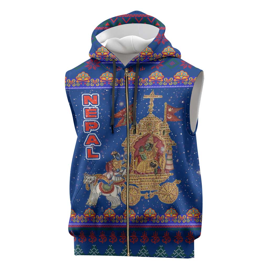 Nepal Christmas Sleeveless Zip Hoodie with Blue-Red Pattern, Hindu Chariot Scene, and Om Symbol Motif - Wonder Print Shop