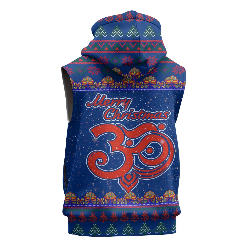 Nepal Christmas Sleeveless Zip Hoodie with Blue-Red Pattern, Hindu Chariot Scene, and Om Symbol Motif - Wonder Print Shop