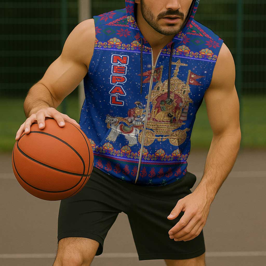 Nepal Christmas Sleeveless Zip Hoodie with Blue-Red Pattern, Hindu Chariot Scene, and Om Symbol Motif - Wonder Print Shop