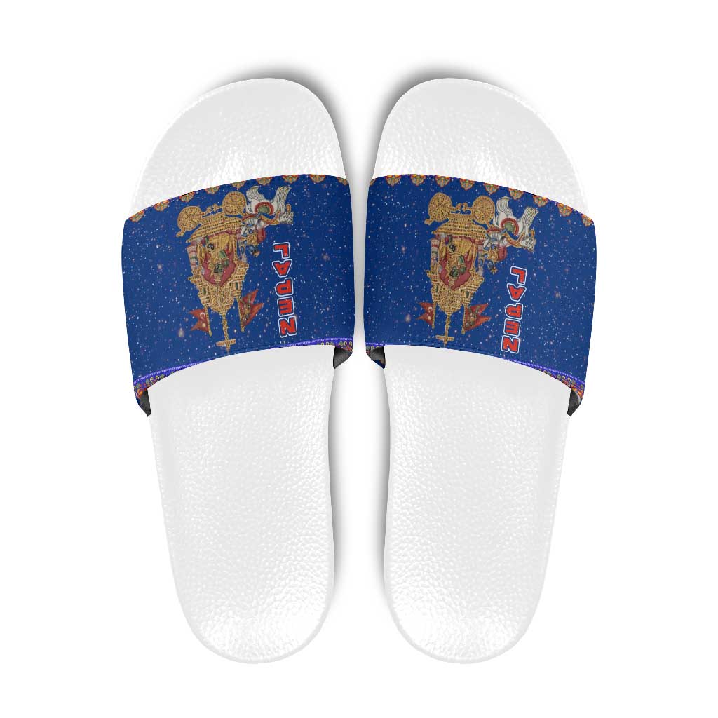 Nepal Christmas Slide Sandals with Blue-Red Pattern, Hindu Chariot Scene, and Om Symbol Motif - Wonder Print Shop