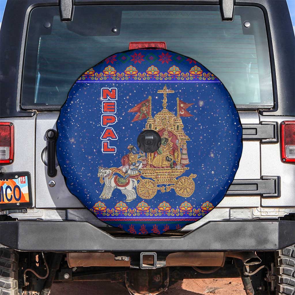 Nepal Christmas Spare Tire Cover with Blue-Red Pattern, Hindu Chariot Scene, and Om Symbol Motif - Wonder Print Shop