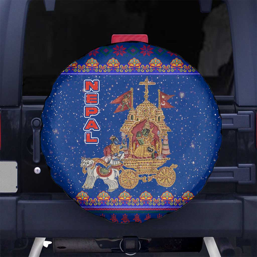 Nepal Christmas Spare Tire Cover with Blue-Red Pattern, Hindu Chariot Scene, and Om Symbol Motif - Wonder Print Shop