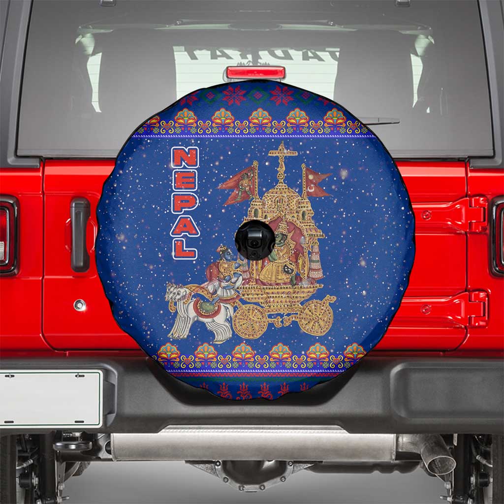 Nepal Christmas Spare Tire Cover with Blue-Red Pattern, Hindu Chariot Scene, and Om Symbol Motif - Wonder Print Shop