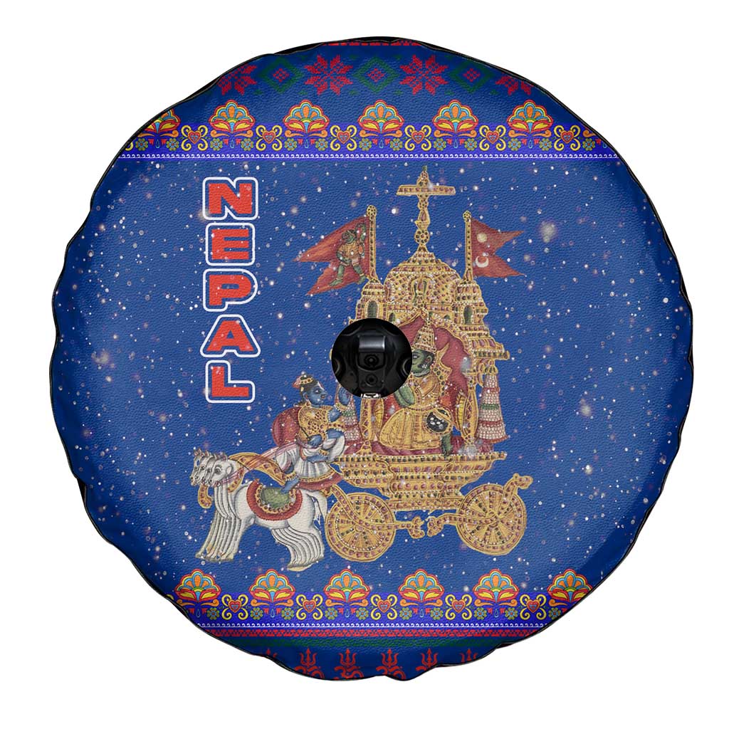Nepal Christmas Spare Tire Cover with Blue-Red Pattern, Hindu Chariot Scene, and Om Symbol Motif - Wonder Print Shop
