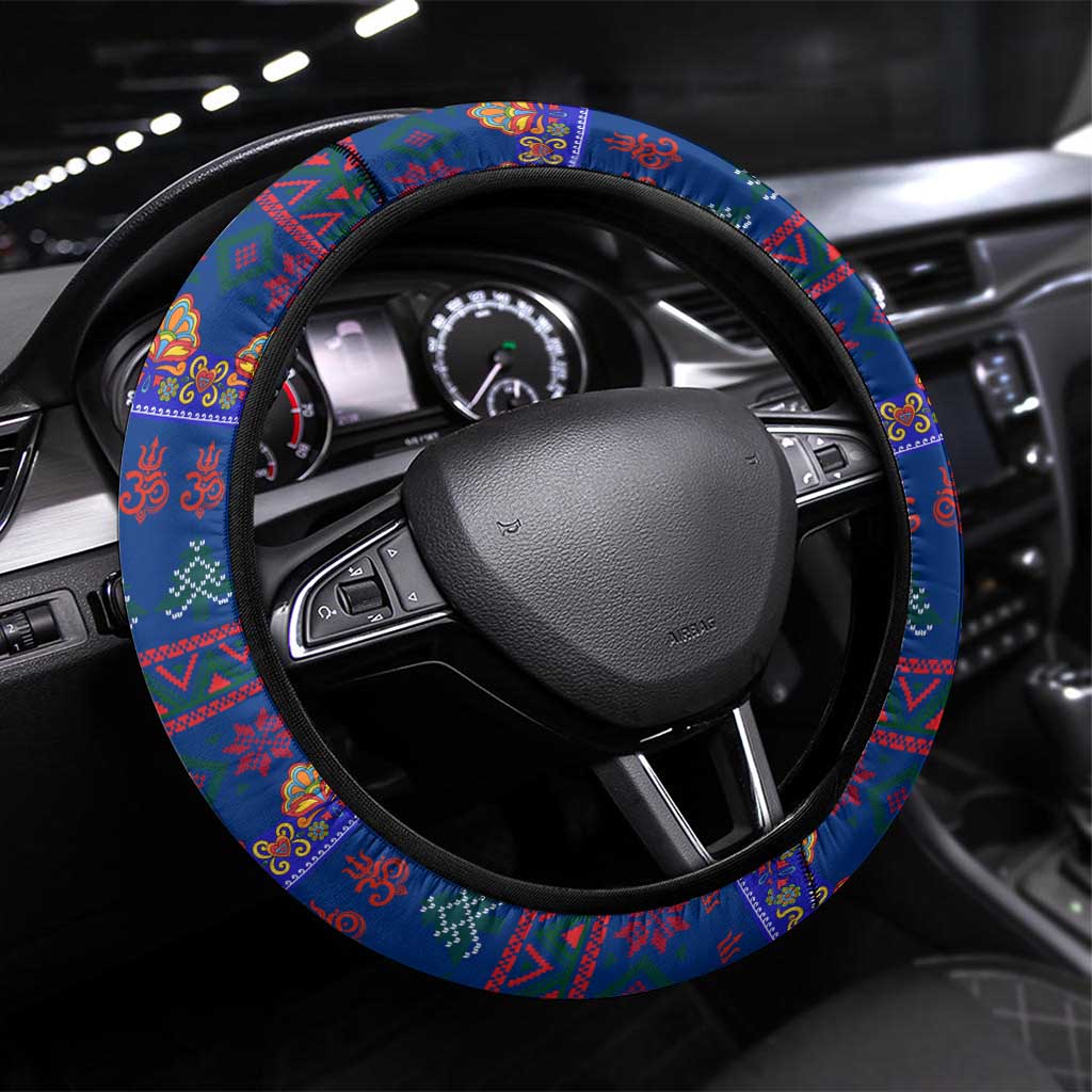 Nepal Christmas Steering Wheel Cover with Blue-Red Pattern, Hindu Chariot Scene, and Om Symbol Motif - Wonder Print Shop