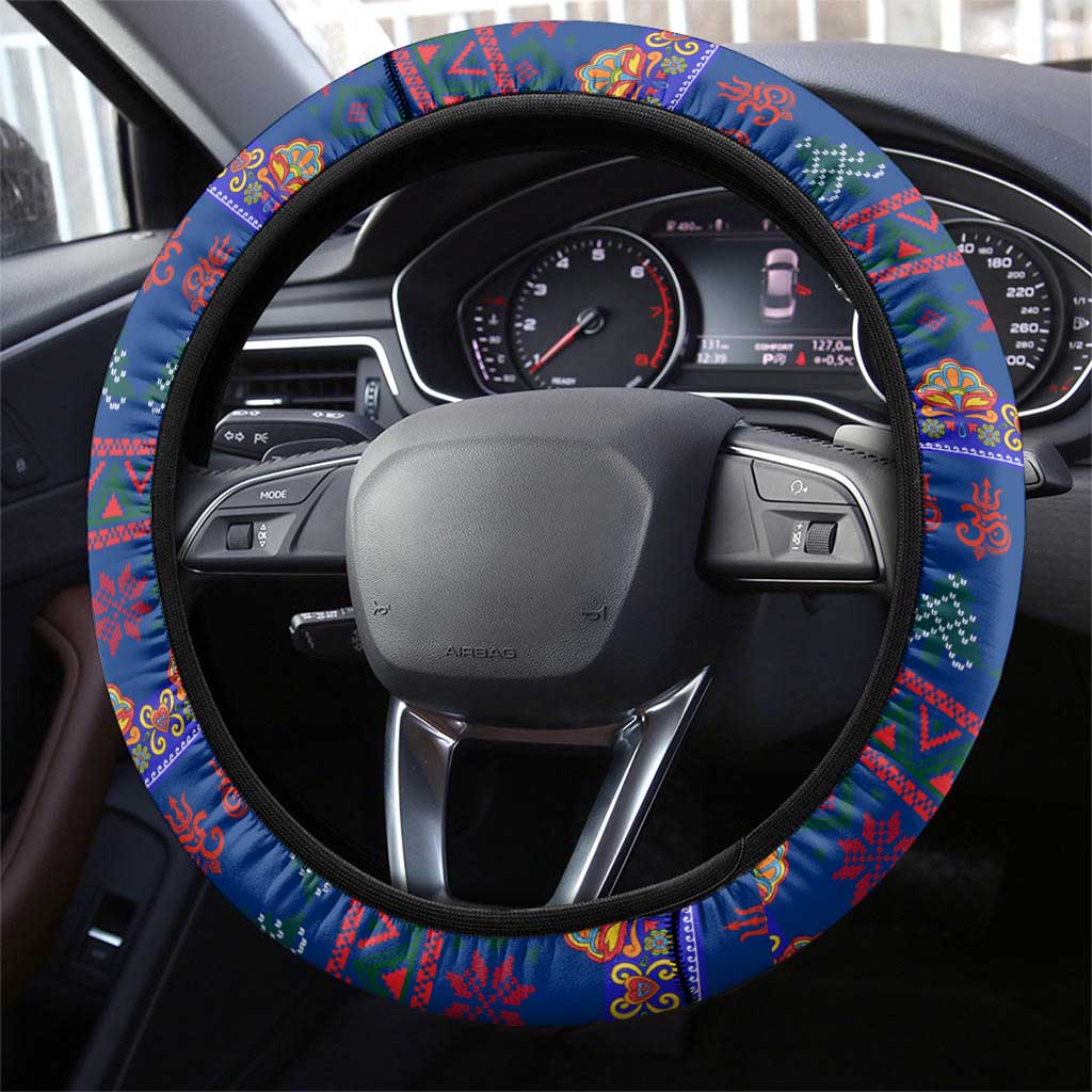 Nepal Christmas Steering Wheel Cover with Blue-Red Pattern, Hindu Chariot Scene, and Om Symbol Motif - Wonder Print Shop