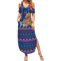 Nepal Christmas Summer Maxi Dress with Blue-Red Pattern, Hindu Chariot Scene, and Om Symbol Motif - Wonder Print Shop