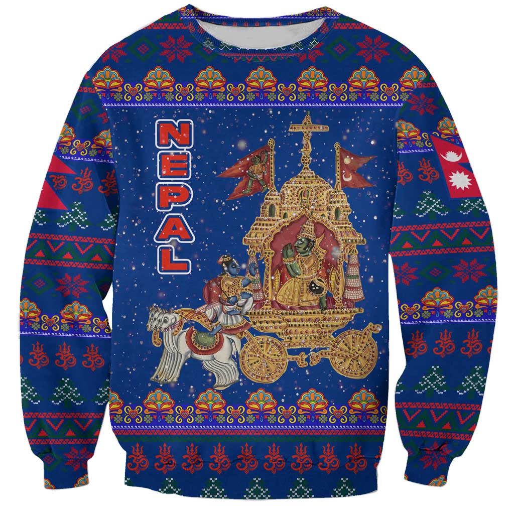 Nepal Christmas Sweatshirt with Blue-Red Pattern, Hindu Chariot Scene, and Om Symbol Motif - Wonder Print Shop