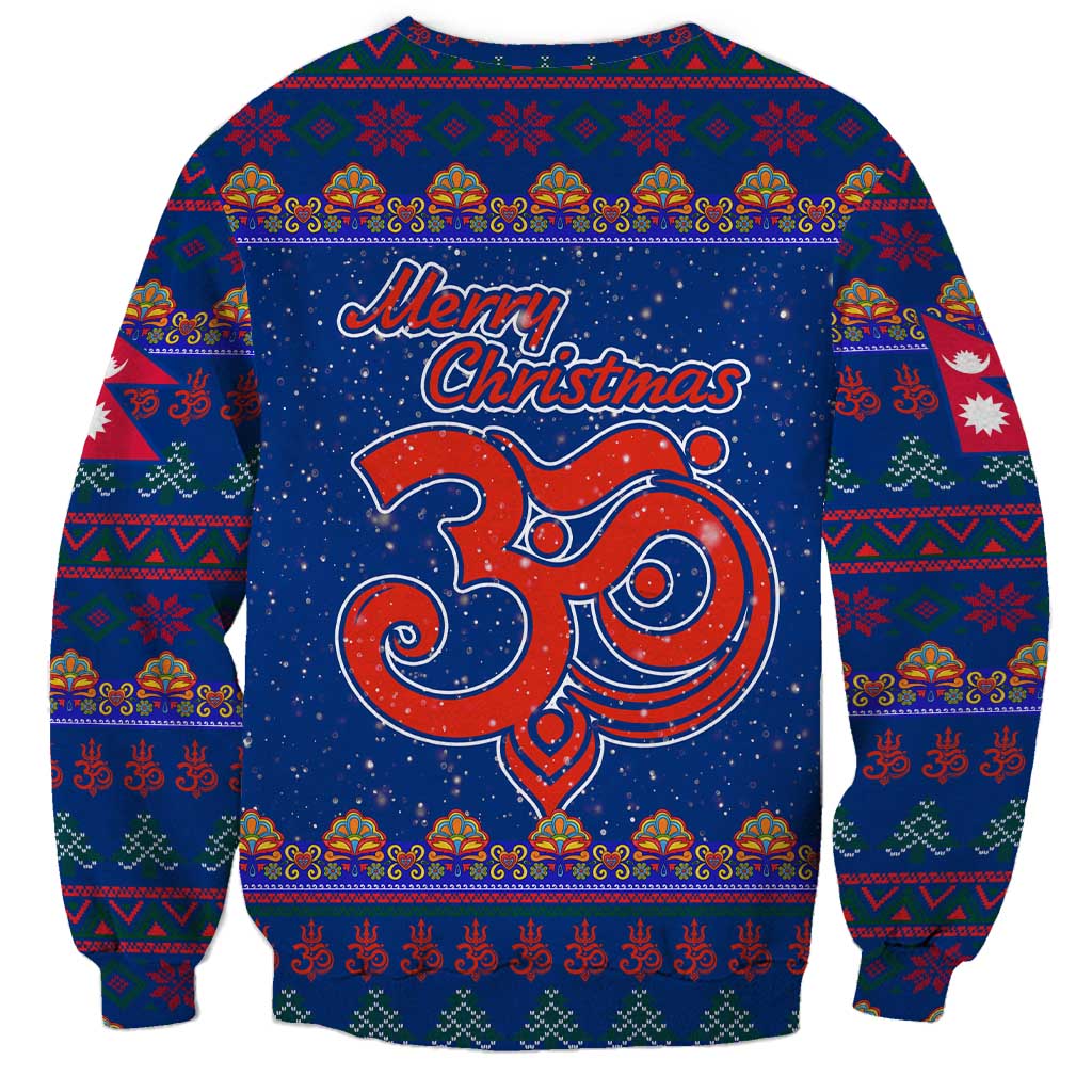 Nepal Christmas Sweatshirt with Blue-Red Pattern, Hindu Chariot Scene, and Om Symbol Motif - Wonder Print Shop