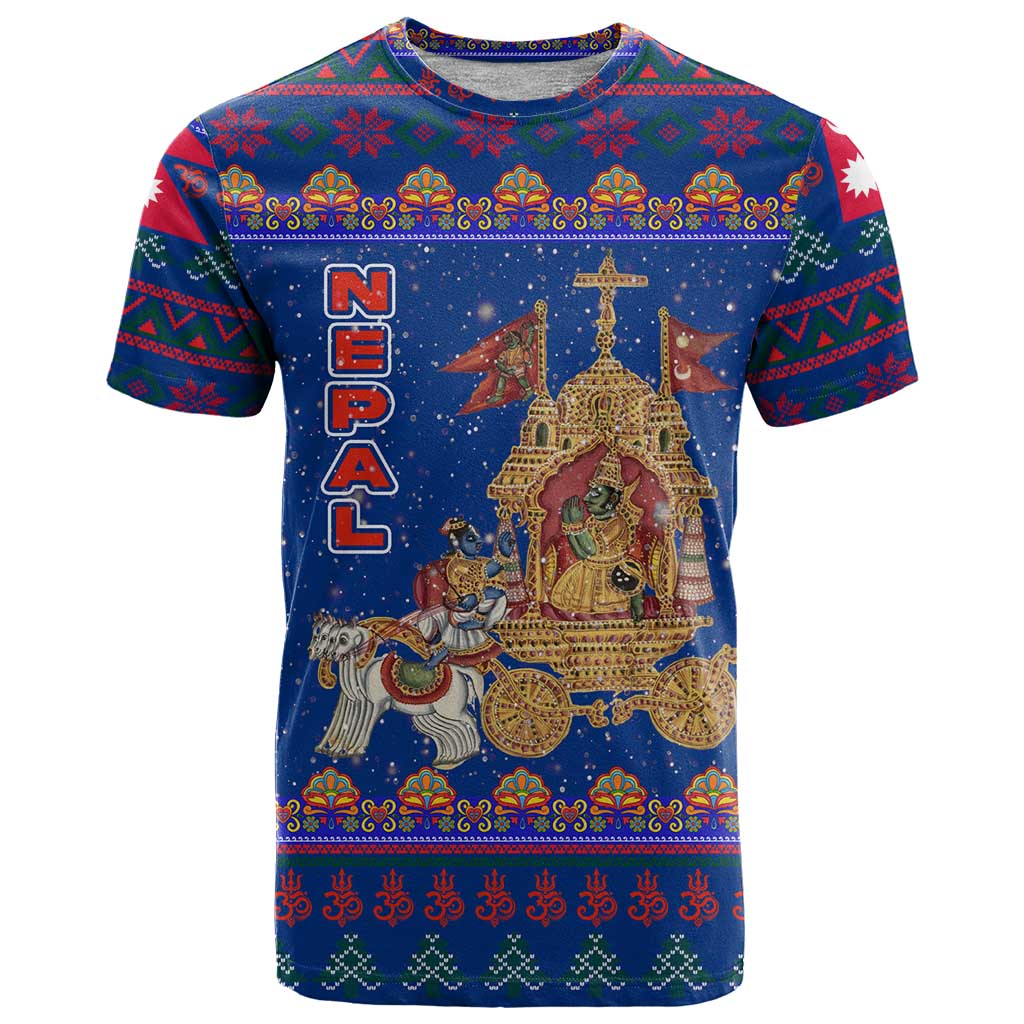 Nepal Christmas T Shirt with Blue-Red Pattern, Hindu Chariot Scene, and Om Symbol Motif - Wonder Print Shop