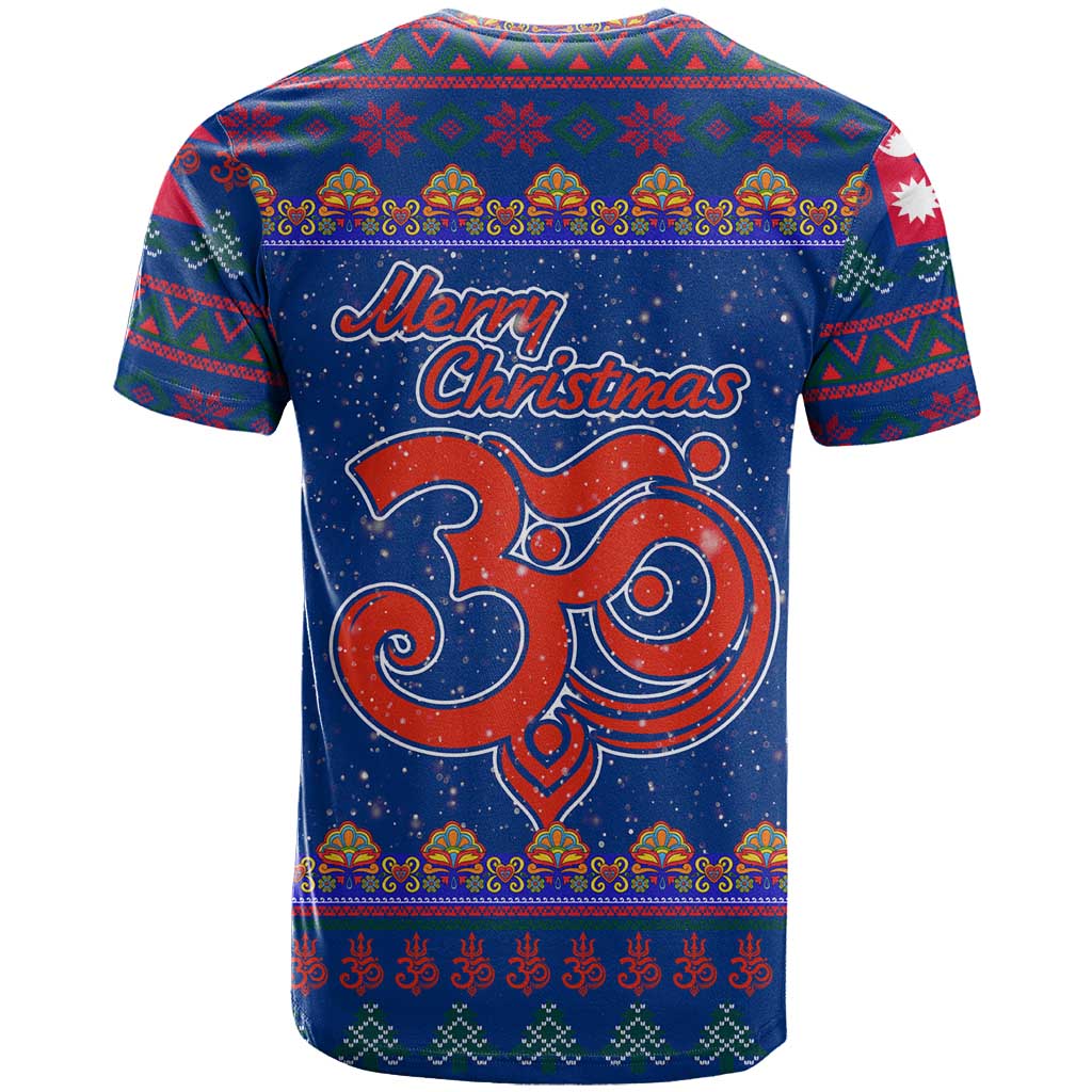 Nepal Christmas T Shirt with Blue-Red Pattern, Hindu Chariot Scene, and Om Symbol Motif - Wonder Print Shop