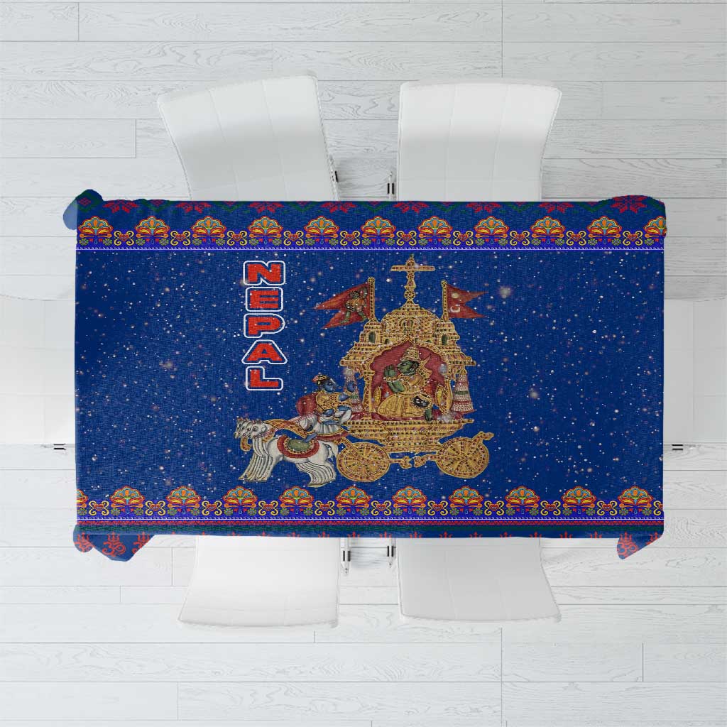 Nepal Christmas Tablecloth with Blue-Red Pattern, Hindu Chariot Scene, and Om Symbol Motif - Wonder Print Shop