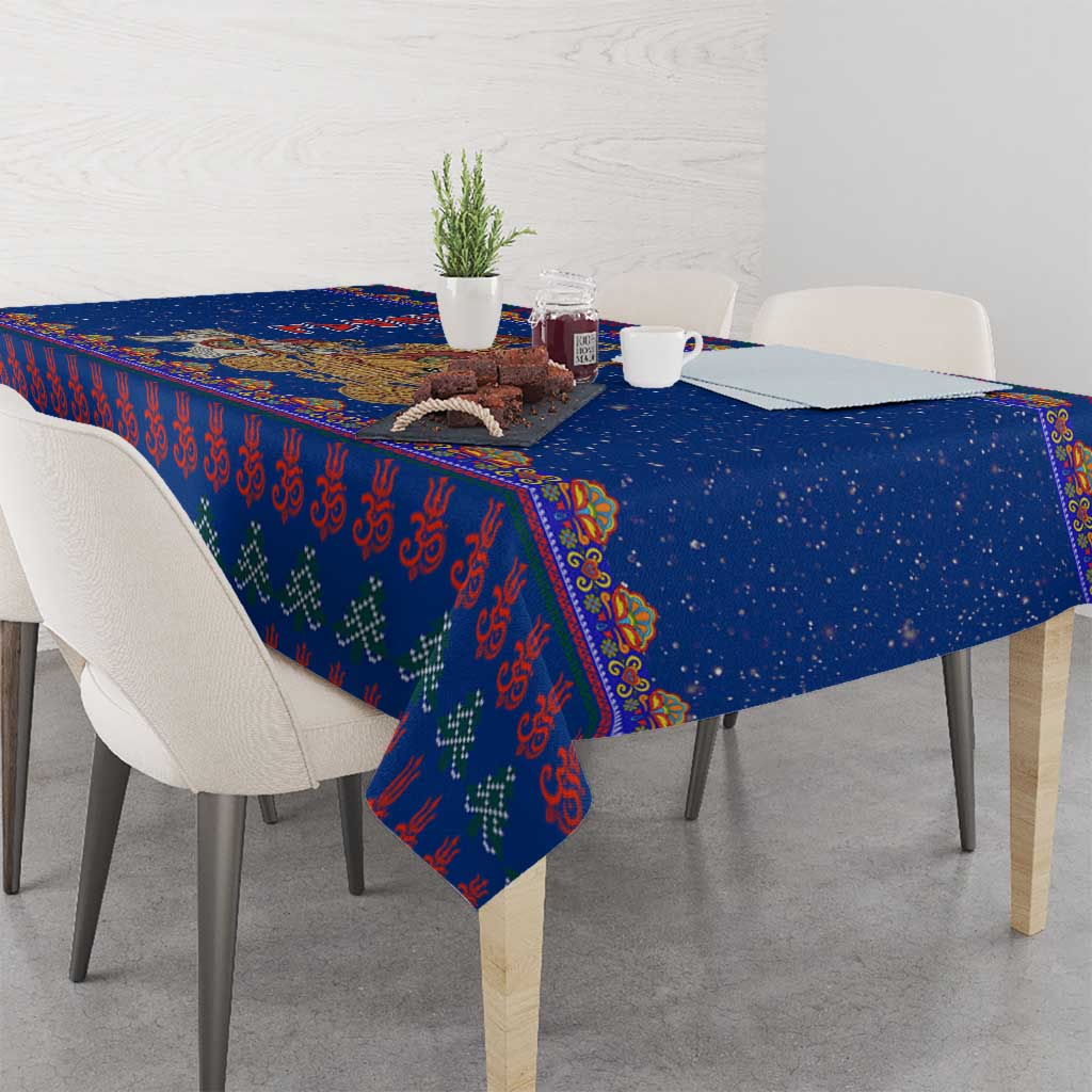 Nepal Christmas Tablecloth with Blue-Red Pattern, Hindu Chariot Scene, and Om Symbol Motif - Wonder Print Shop