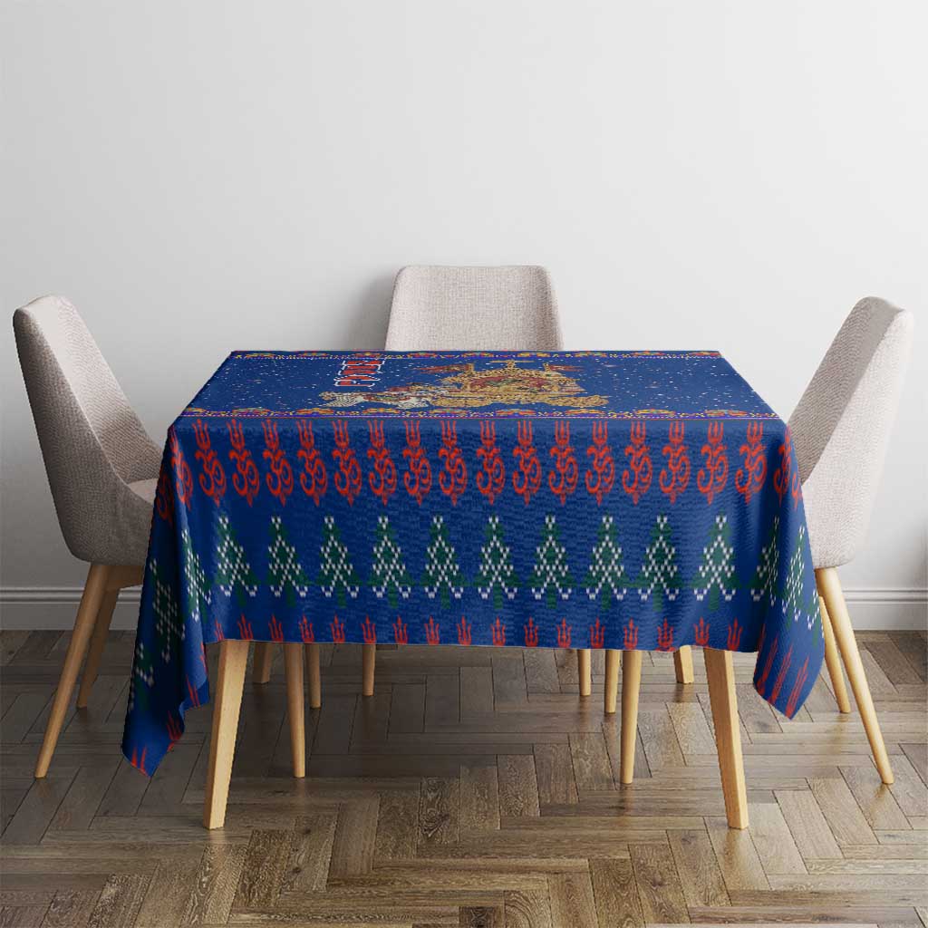 Nepal Christmas Tablecloth with Blue-Red Pattern, Hindu Chariot Scene, and Om Symbol Motif - Wonder Print Shop