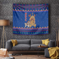 Nepal Christmas Tapestry with Blue-Red Pattern, Hindu Chariot Scene, and Om Symbol Motif - Wonder Print Shop