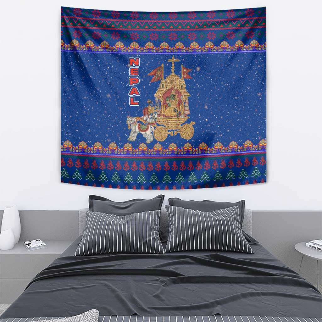 Nepal Christmas Tapestry with Blue-Red Pattern, Hindu Chariot Scene, and Om Symbol Motif - Wonder Print Shop