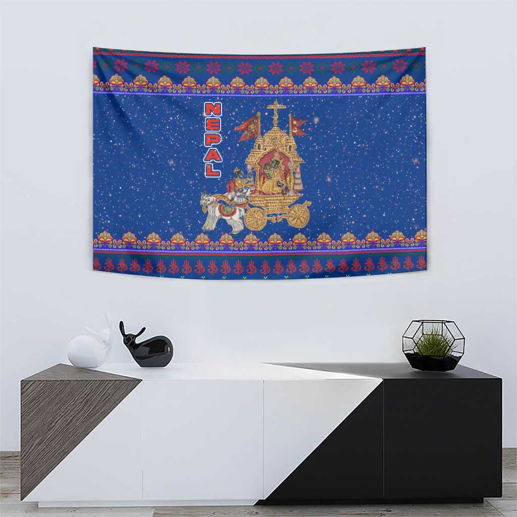 Nepal Christmas Tapestry with Blue-Red Pattern, Hindu Chariot Scene, and Om Symbol Motif - Wonder Print Shop