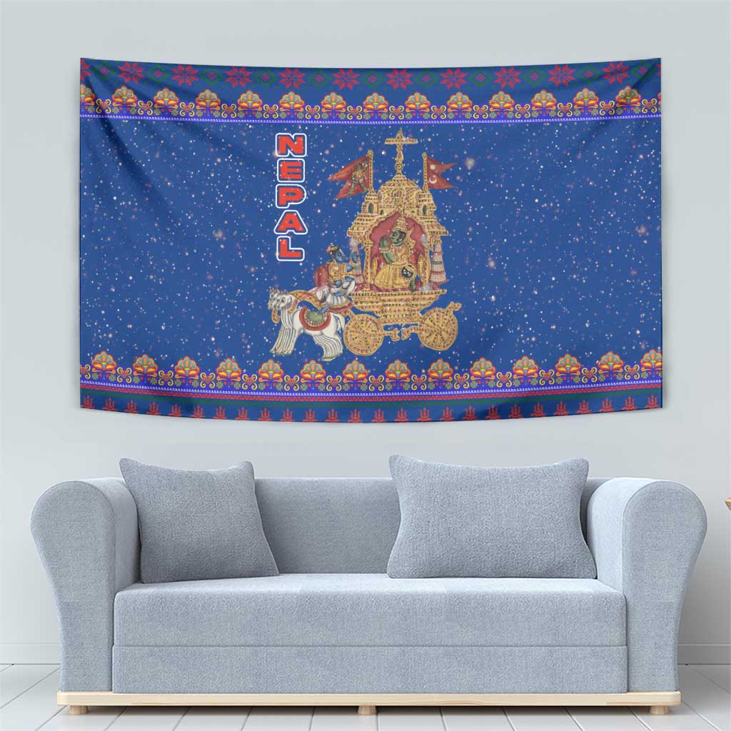 Nepal Christmas Tapestry with Blue-Red Pattern, Hindu Chariot Scene, and Om Symbol Motif - Wonder Print Shop