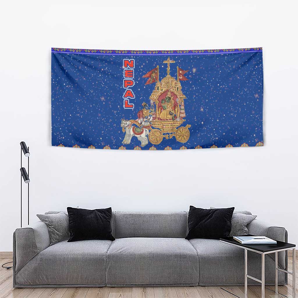 Nepal Christmas Tapestry with Blue-Red Pattern, Hindu Chariot Scene, and Om Symbol Motif - Wonder Print Shop