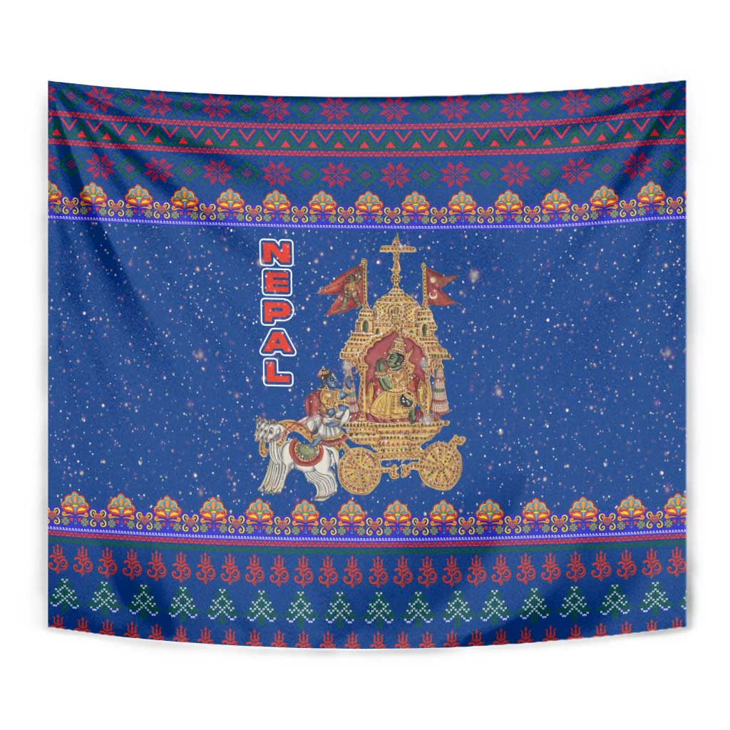 Nepal Christmas Tapestry with Blue-Red Pattern, Hindu Chariot Scene, and Om Symbol Motif - Wonder Print Shop