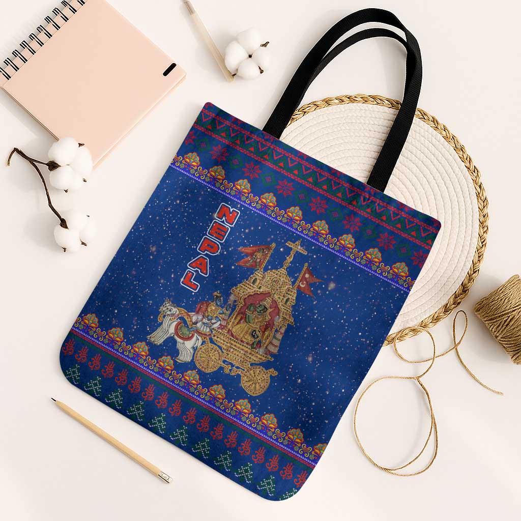 Nepal Christmas Tote Bag with Blue-Red Pattern, Hindu Chariot Scene, and Om Symbol Motif - Wonder Print Shop