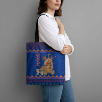 Nepal Christmas Tote Bag with Blue-Red Pattern, Hindu Chariot Scene, and Om Symbol Motif - Wonder Print Shop