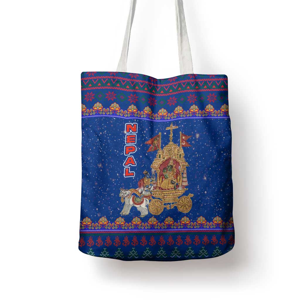 Nepal Christmas Tote Bag with Blue-Red Pattern, Hindu Chariot Scene, and Om Symbol Motif - Wonder Print Shop