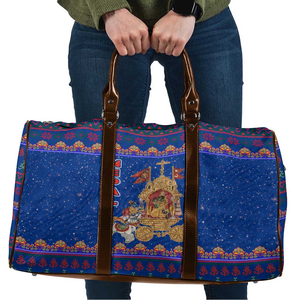 Nepal Christmas Travel Bag with Blue-Red Pattern, Hindu Chariot Scene, and Om Symbol Motif - Wonder Print Shop