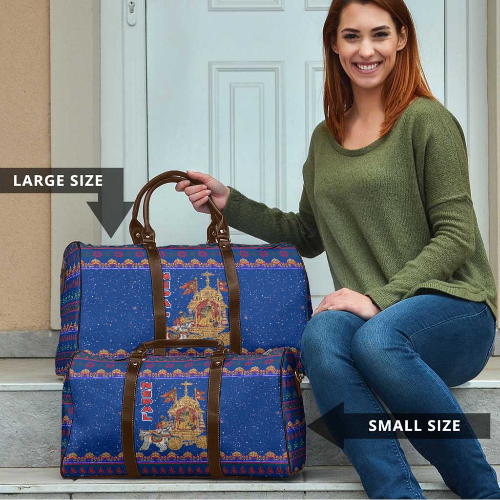 Nepal Christmas Travel Bag with Blue-Red Pattern, Hindu Chariot Scene, and Om Symbol Motif - Wonder Print Shop