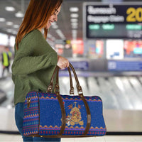 Nepal Christmas Travel Bag with Blue-Red Pattern, Hindu Chariot Scene, and Om Symbol Motif - Wonder Print Shop