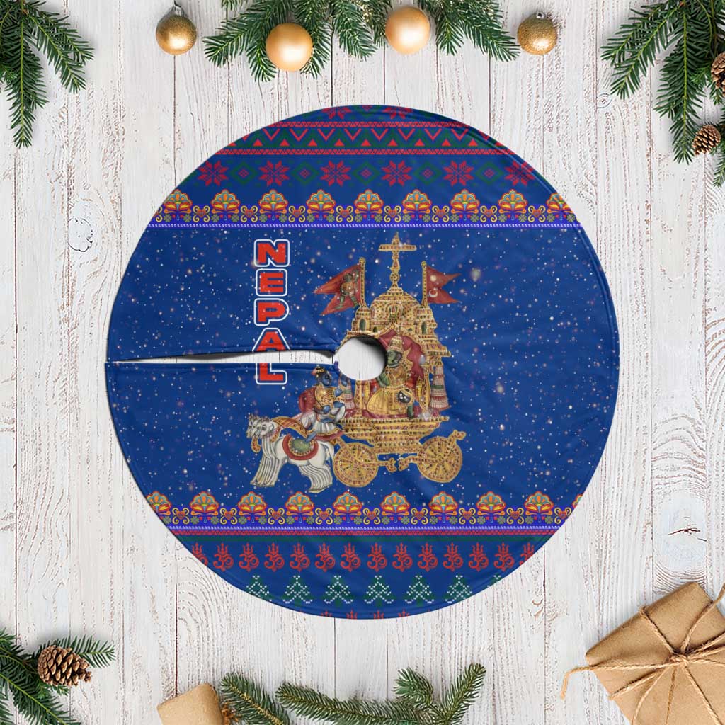 Nepal Christmas Tree Skirt with Blue-Red Pattern, Hindu Chariot Scene, and Om Symbol Motif - Wonder Print Shop