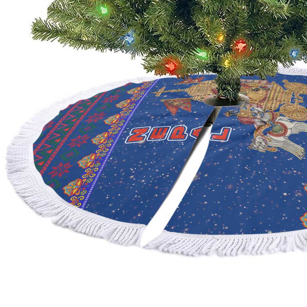 Nepal Christmas Tree Skirt with Blue-Red Pattern, Hindu Chariot Scene, and Om Symbol Motif - Wonder Print Shop