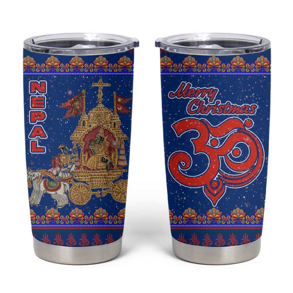 Nepal Christmas Tumbler Cup with Blue-Red Pattern, Hindu Chariot Scene, and Om Symbol Motif - Wonder Print Shop