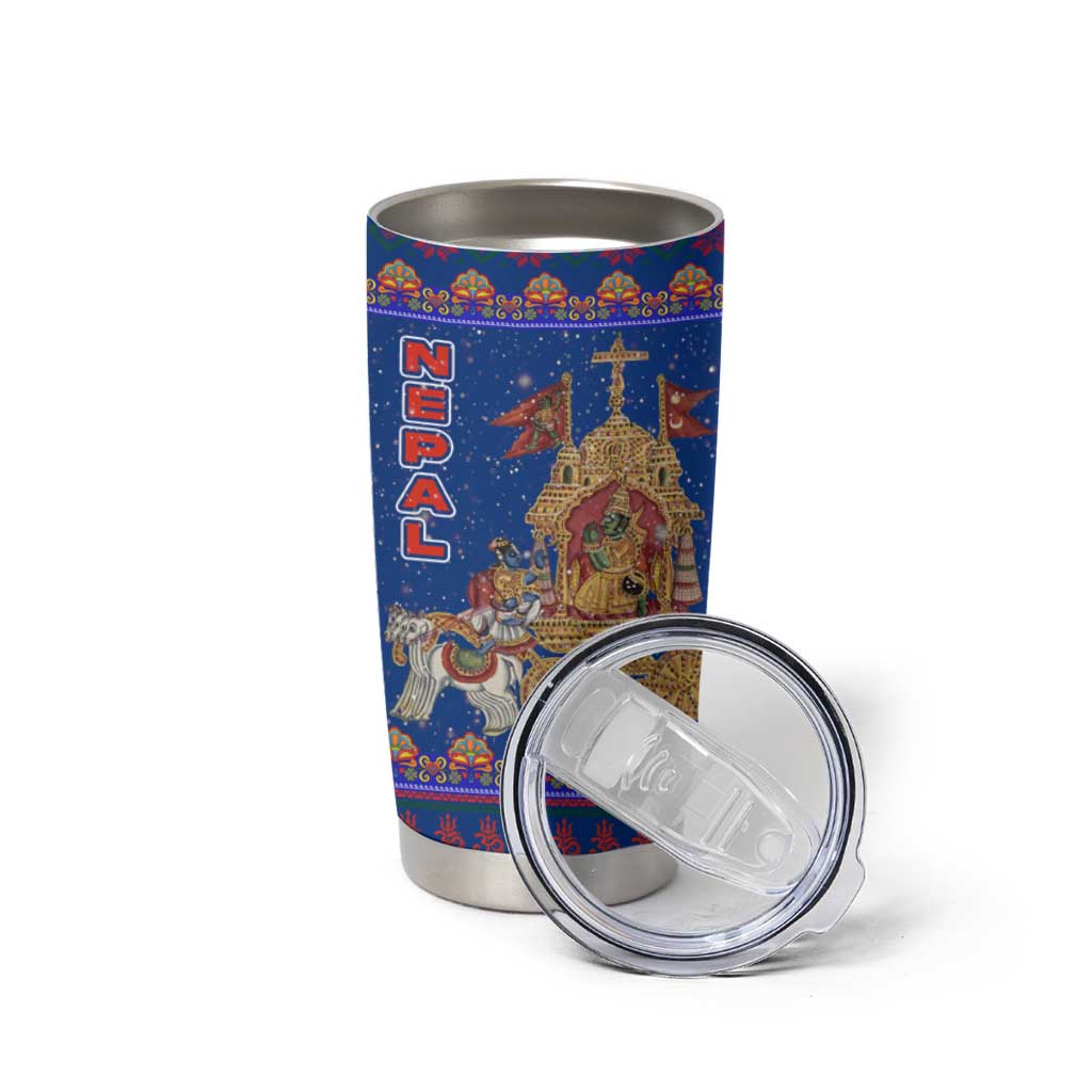 Nepal Christmas Tumbler Cup with Blue-Red Pattern, Hindu Chariot Scene, and Om Symbol Motif - Wonder Print Shop