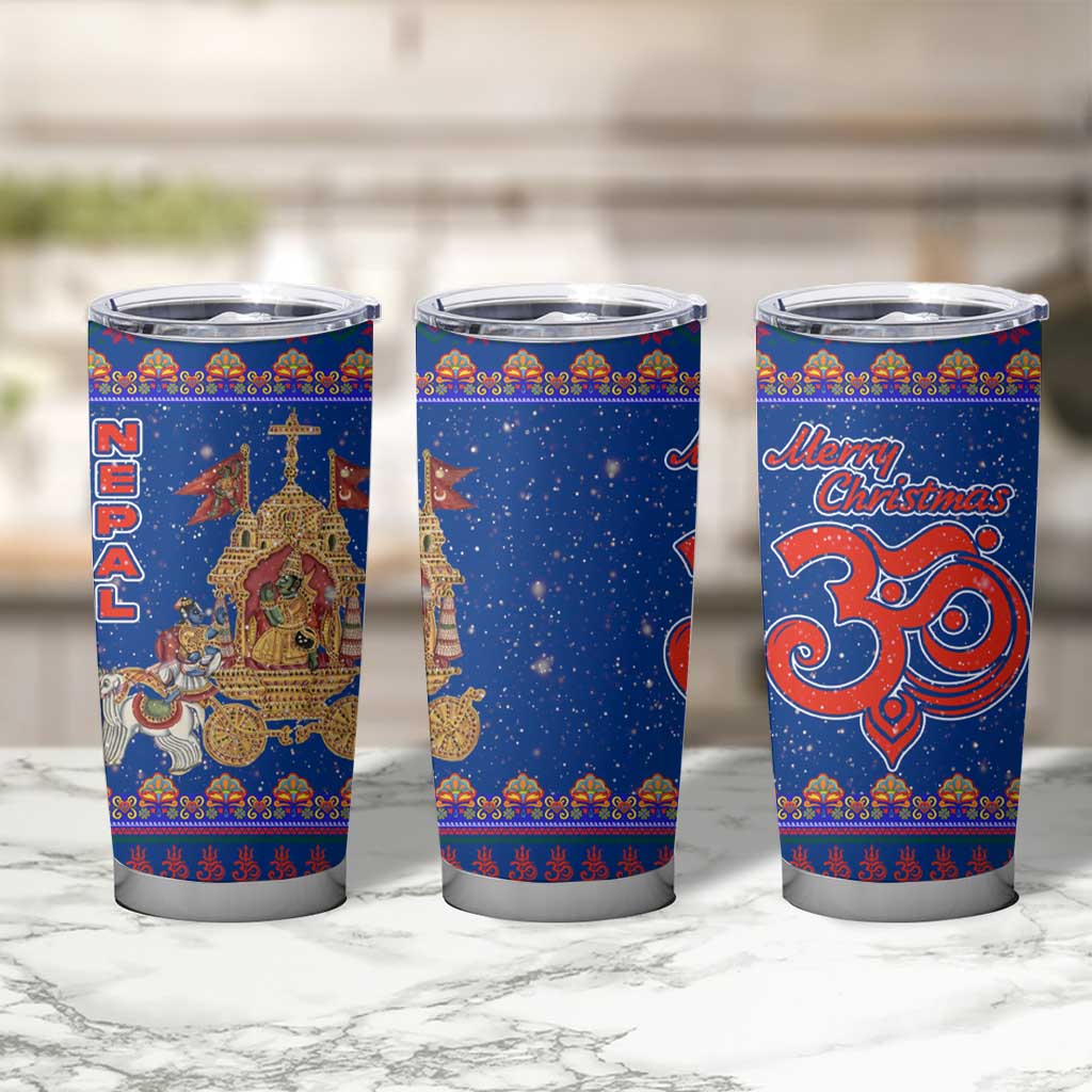 Nepal Christmas Tumbler Cup with Blue-Red Pattern, Hindu Chariot Scene, and Om Symbol Motif - Wonder Print Shop