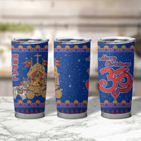 Nepal Christmas Tumbler Cup with Blue-Red Pattern, Hindu Chariot Scene, and Om Symbol Motif - Wonder Print Shop