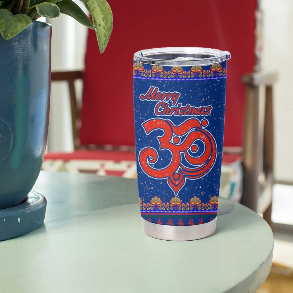 Nepal Christmas Tumbler Cup with Blue-Red Pattern, Hindu Chariot Scene, and Om Symbol Motif - Wonder Print Shop
