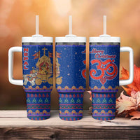 Nepal Christmas Tumbler With Handle with Blue-Red Pattern, Hindu Chariot Scene, and Om Symbol Motif - Wonder Print Shop