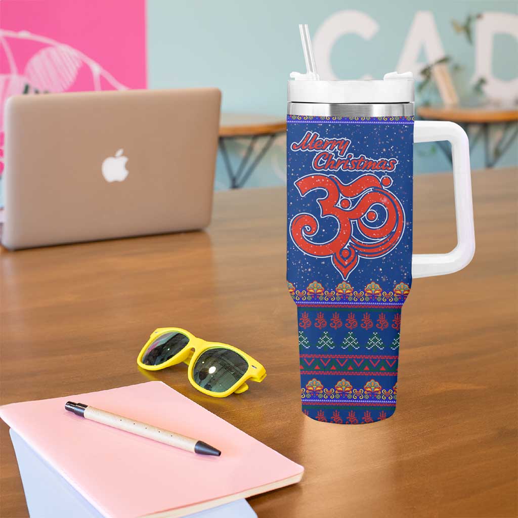 Nepal Christmas Tumbler With Handle with Blue-Red Pattern, Hindu Chariot Scene, and Om Symbol Motif - Wonder Print Shop