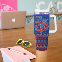 Nepal Christmas Tumbler With Handle with Blue-Red Pattern, Hindu Chariot Scene, and Om Symbol Motif - Wonder Print Shop