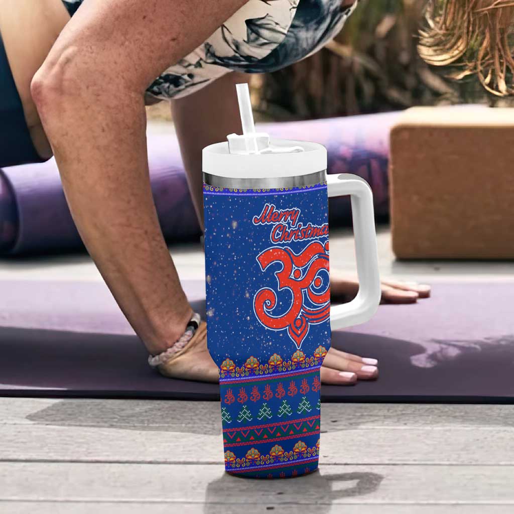 Nepal Christmas Tumbler With Handle with Blue-Red Pattern, Hindu Chariot Scene, and Om Symbol Motif - Wonder Print Shop
