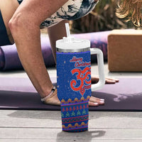 Nepal Christmas Tumbler With Handle with Blue-Red Pattern, Hindu Chariot Scene, and Om Symbol Motif - Wonder Print Shop