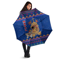 Nepal Christmas Umbrella with Blue-Red Pattern, Hindu Chariot Scene, and Om Symbol Motif - Wonder Print Shop