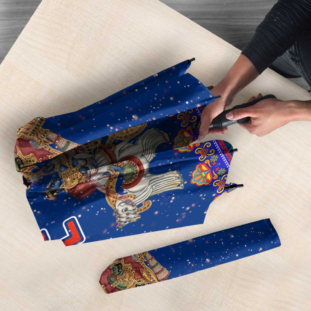 Nepal Christmas Umbrella with Blue-Red Pattern, Hindu Chariot Scene, and Om Symbol Motif - Wonder Print Shop