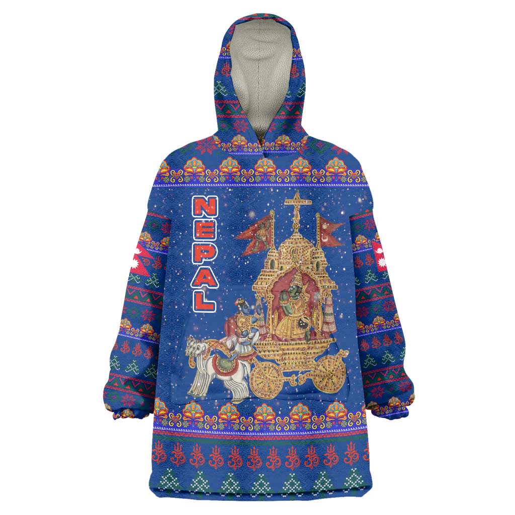 Nepal Christmas Wearable Blanket Hoodie with Blue-Red Pattern, Hindu Chariot Scene, and Om Symbol Motif - Wonder Print Shop