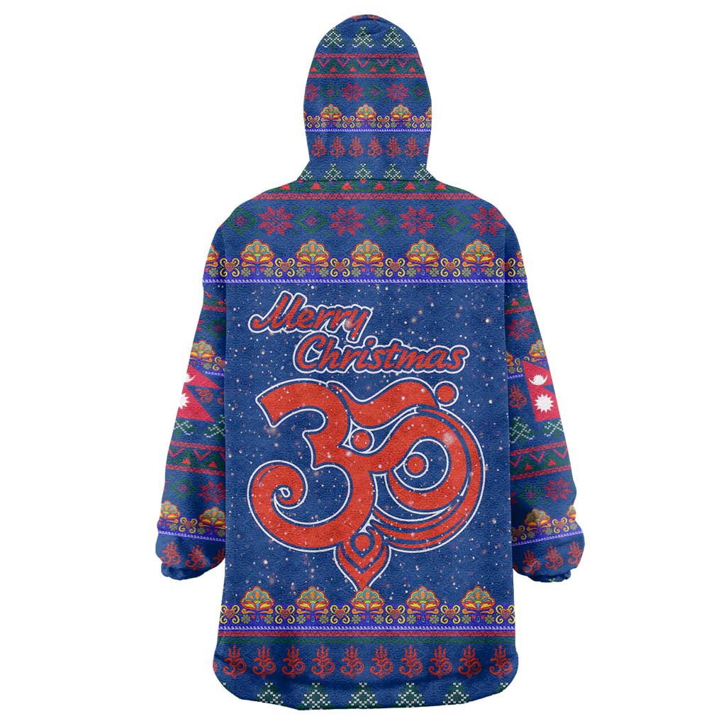 Nepal Christmas Wearable Blanket Hoodie with Blue-Red Pattern, Hindu Chariot Scene, and Om Symbol Motif - Wonder Print Shop