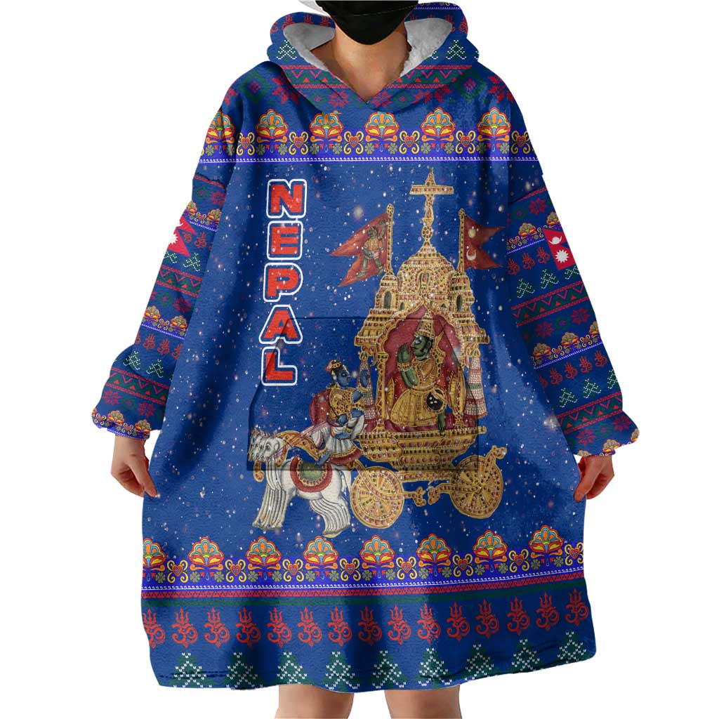 Nepal Christmas Wearable Blanket Hoodie with Blue-Red Pattern, Hindu Chariot Scene, and Om Symbol Motif - Wonder Print Shop