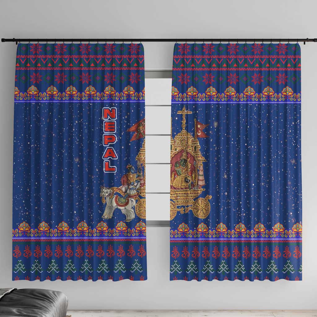 Nepal Christmas Window Curtain with Blue-Red Pattern, Hindu Chariot Scene, and Om Symbol Motif - Wonder Print Shop