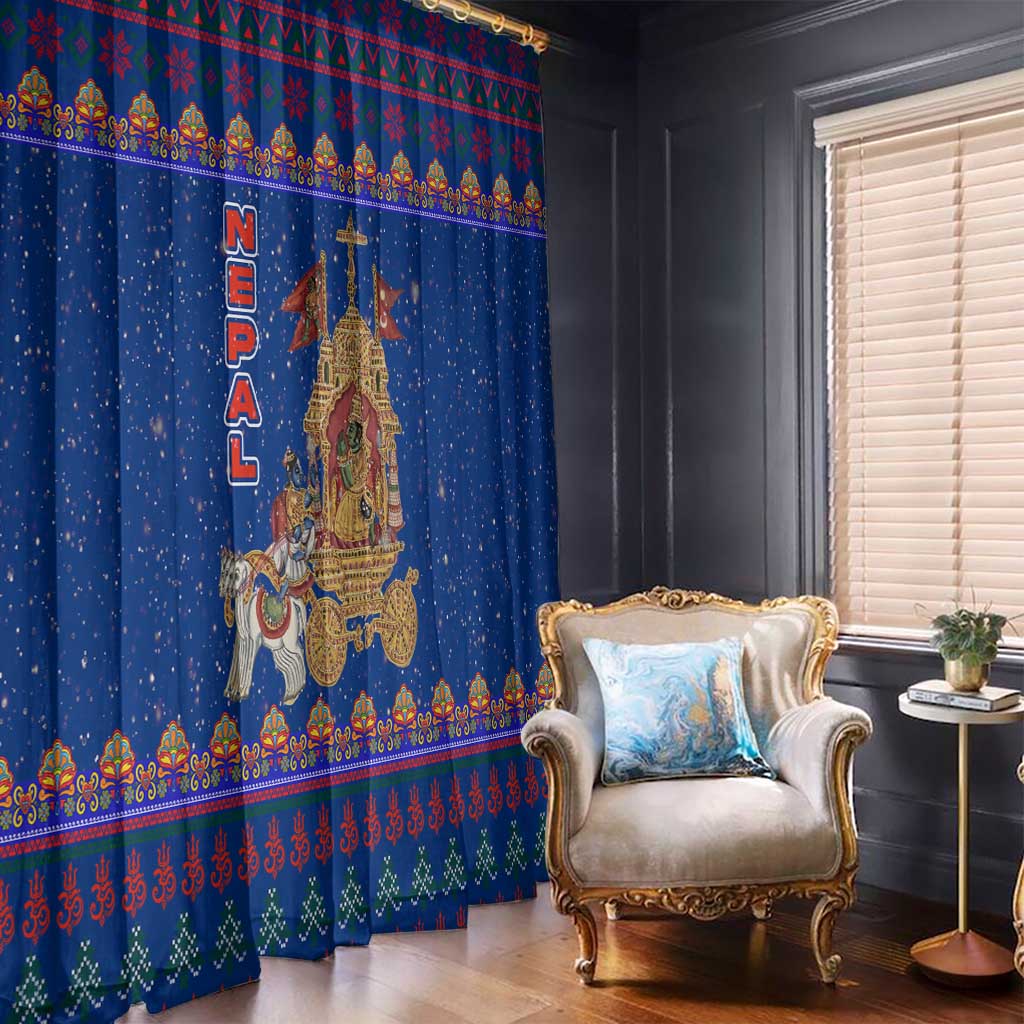 Nepal Christmas Window Curtain with Blue-Red Pattern, Hindu Chariot Scene, and Om Symbol Motif - Wonder Print Shop